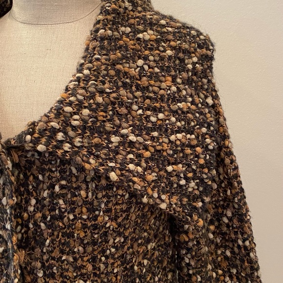 Curio Womens Textured Long Tan Black Cream Knit Cardigan w Wing Collar / Size M - Picture 3 of 10